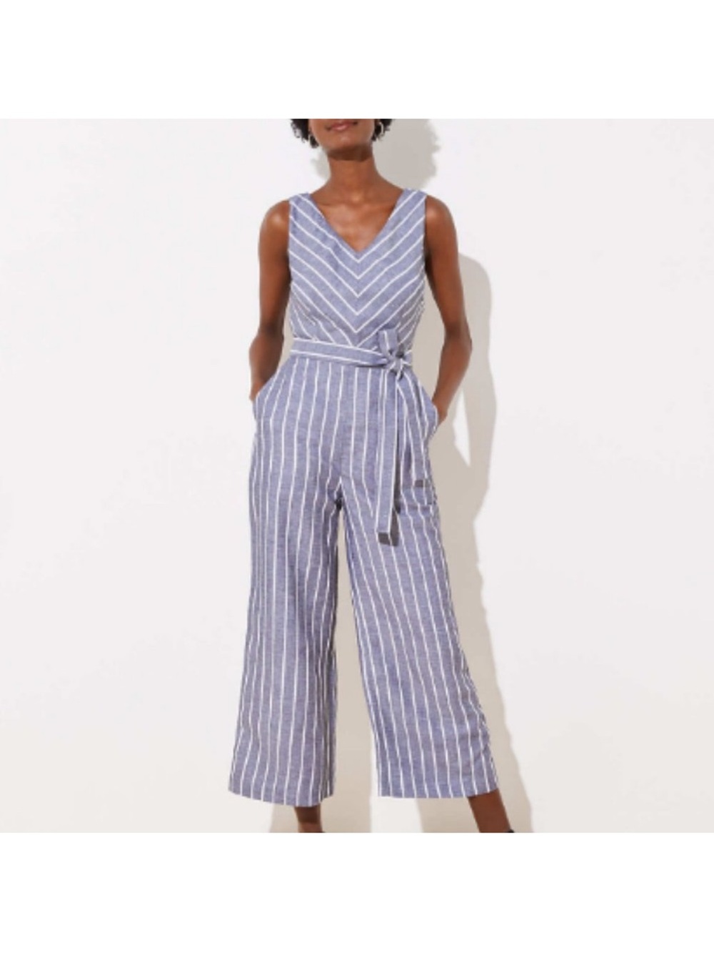 Loft Sleeveless Vertical Stripe Blue Jumpsuit with Tie Waist